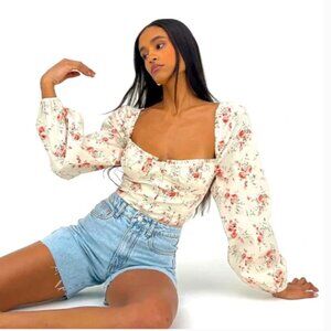 WeWoreWhat Ruched Dainty Floral Top Bustier Pouf Sleeves Cream Pink NEW Large